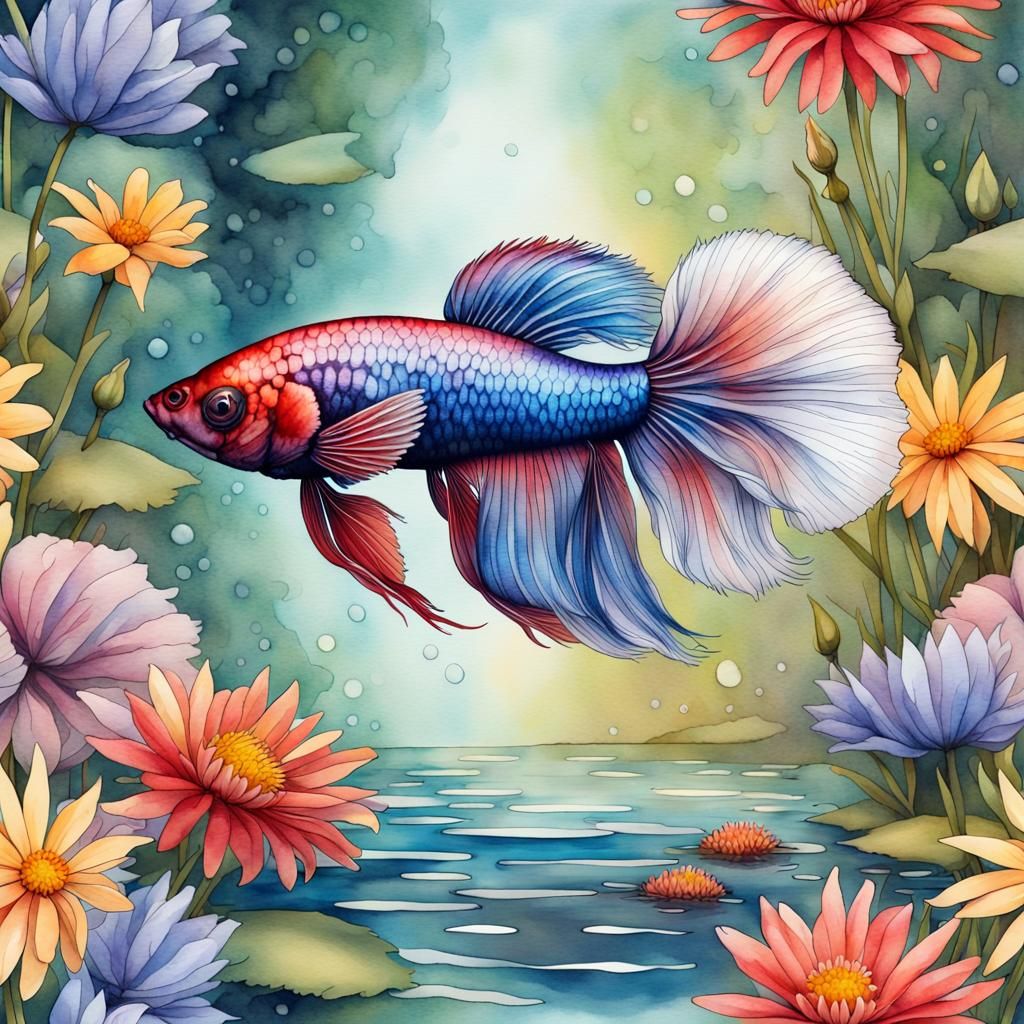 Betta Fish Leaps in Watercolor Pond Reflection