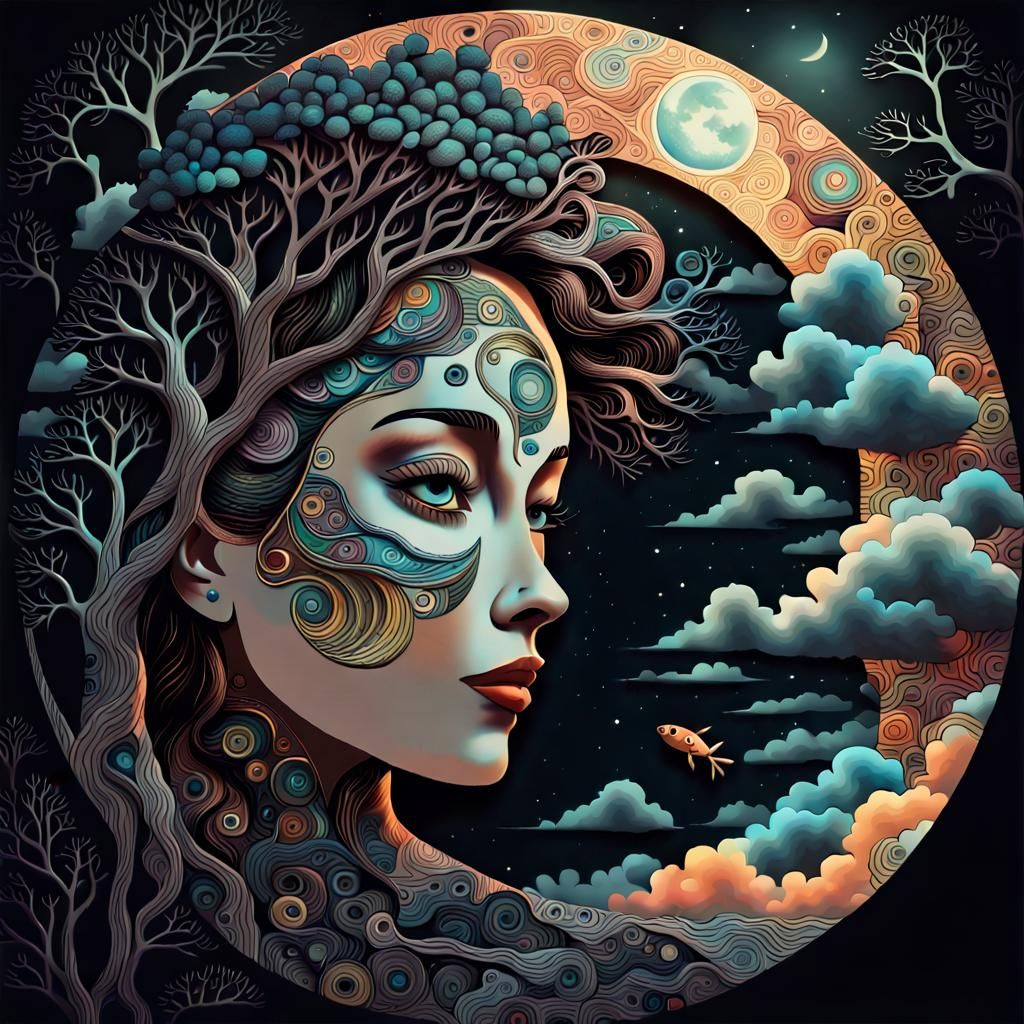 Stylized Moon Disk with Woman's Face Silhouette