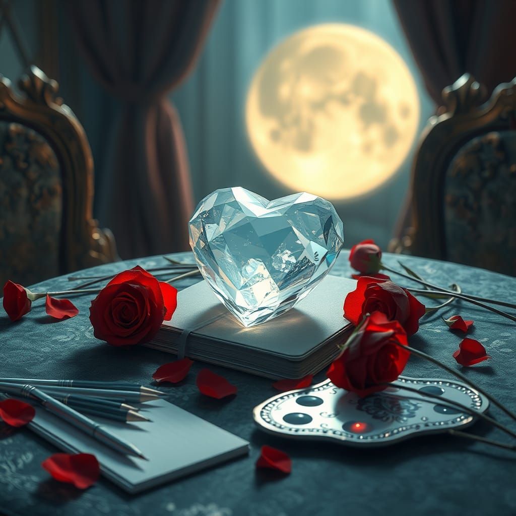 Crystal Heart with Roses in 3D Anime Style