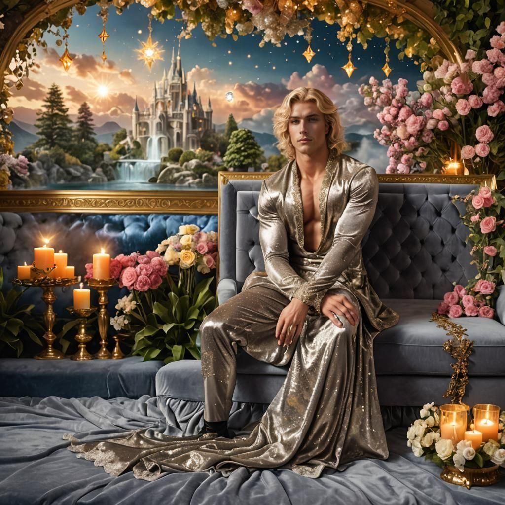 Hyperrealistic Man on Velvet Sofa in Fantasy Setting