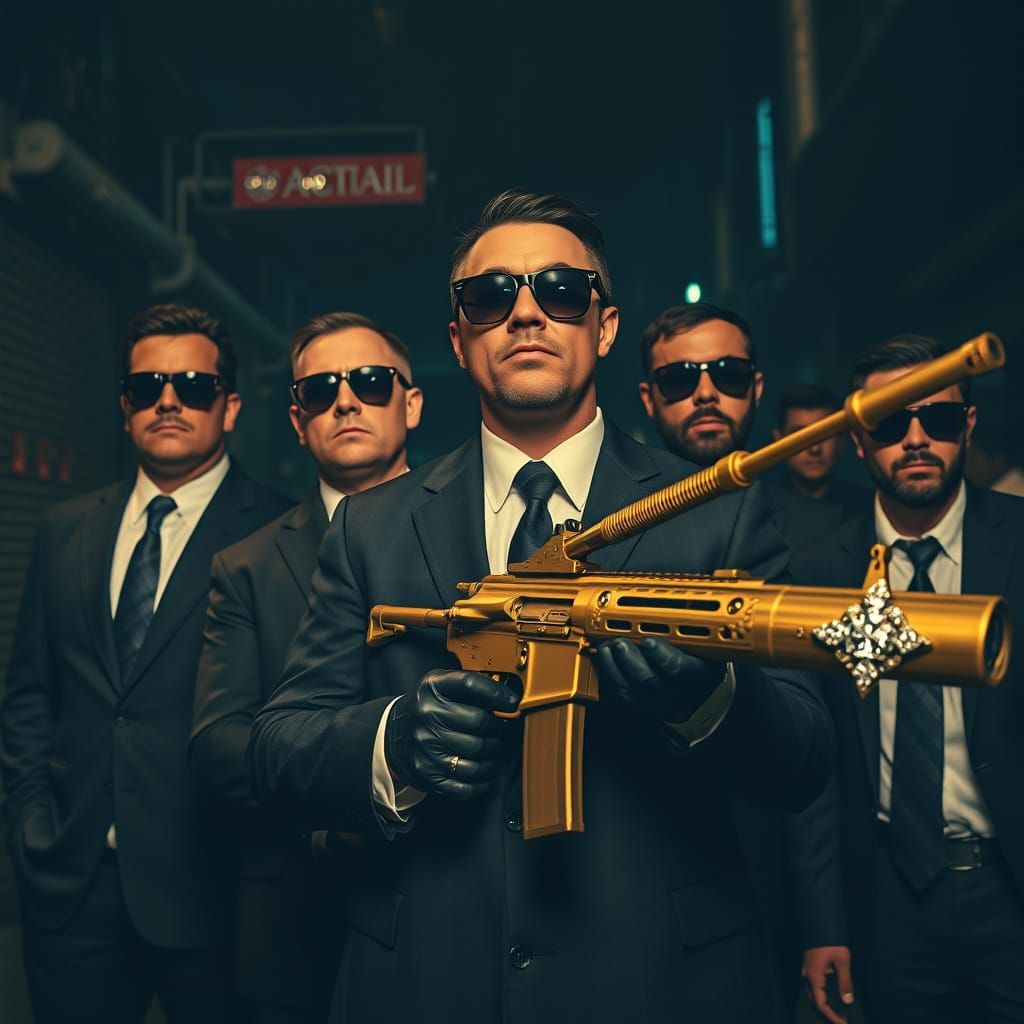 Cartel Lineup with Golden Rifle in Film Noir Style