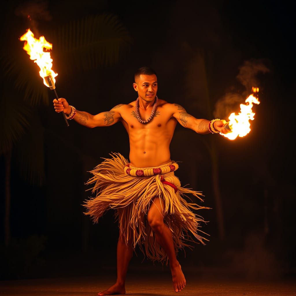 Muscular Samoan Fire Dancer in Vibrant, Surrealist Style