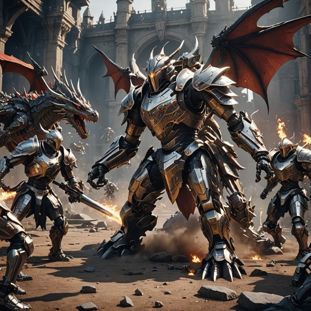 Epic Knights Dragon Fight in Sci-Fi Setting