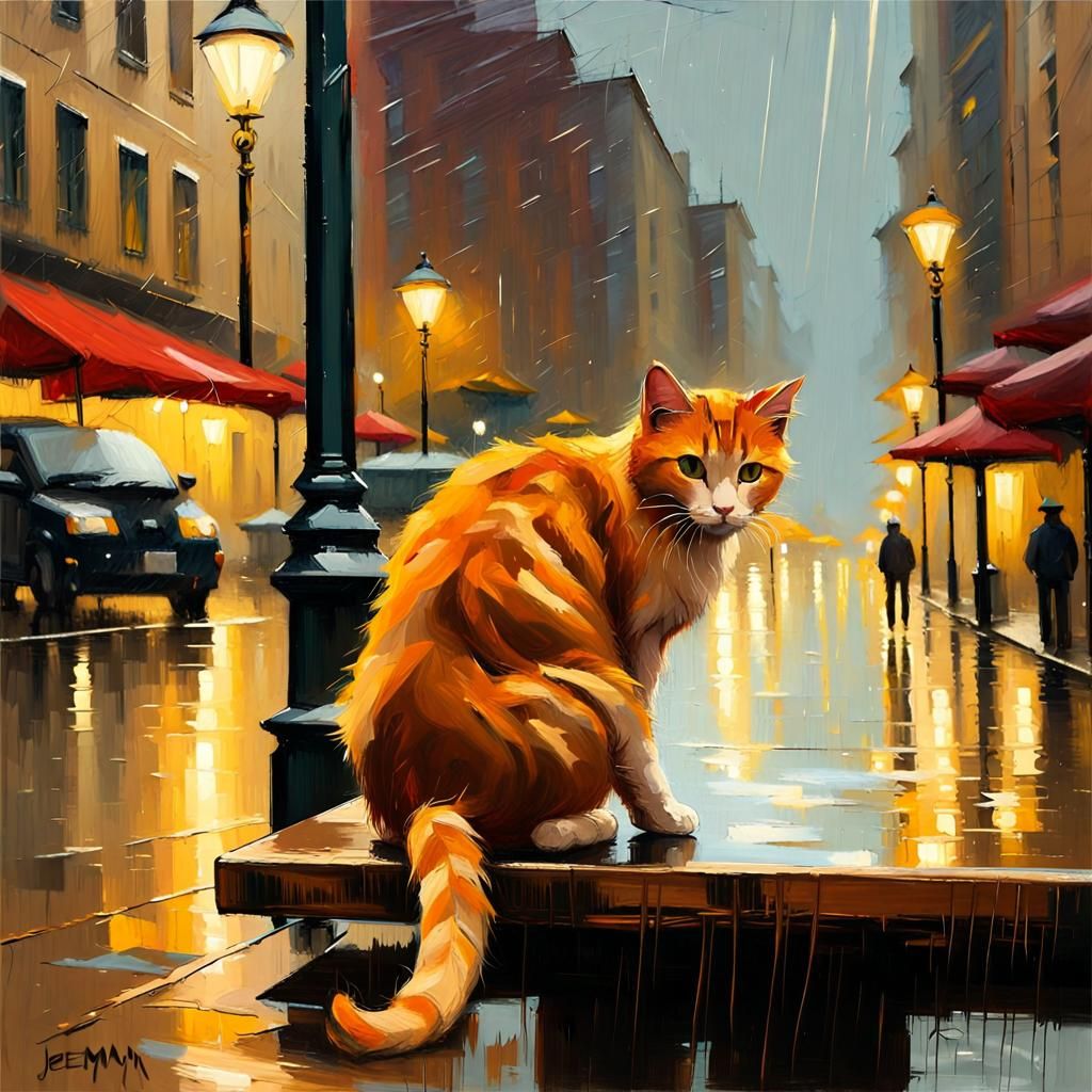 Ginger Cat Shelters from Rain in Impressionist Cityscape