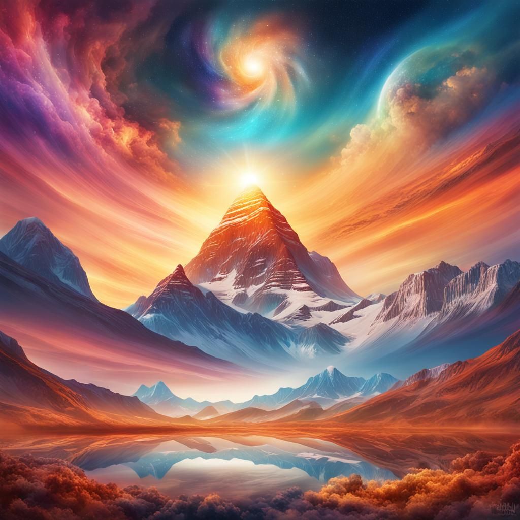 Cosmic Sunrise Over Mount Kailash in Visionary Style