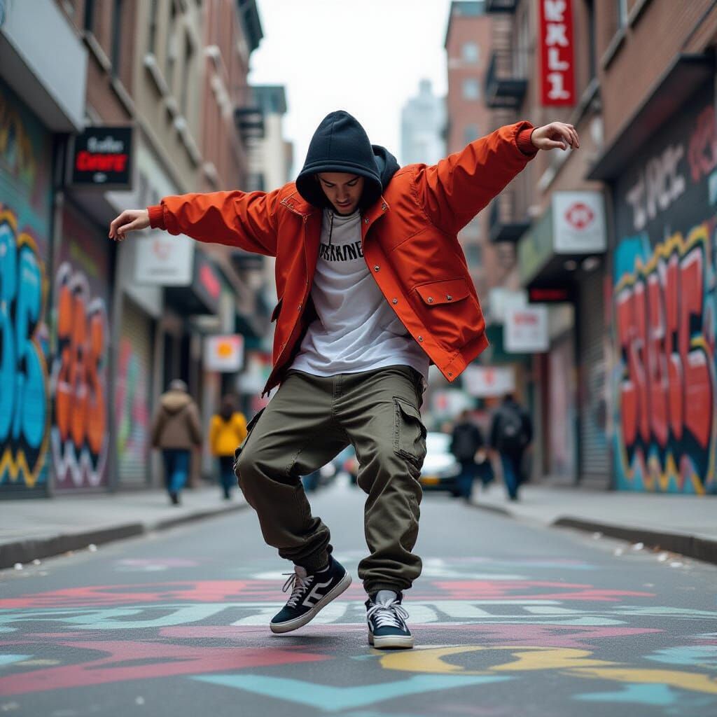 Trendy Breakdancer on Graffiti Sidewalk in Comic Book Style