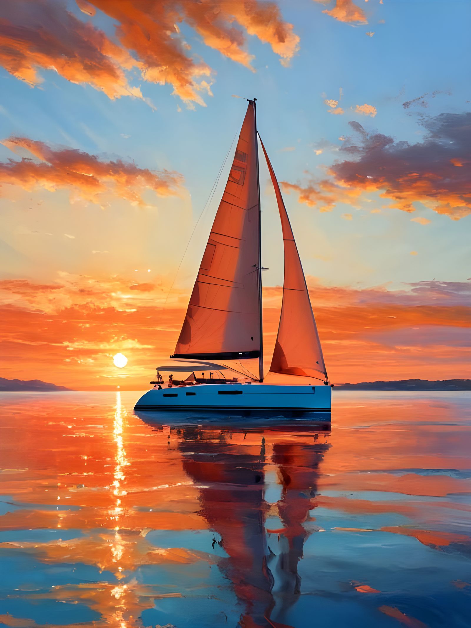 Surreal Sunset Yacht Scene in Oil Painting