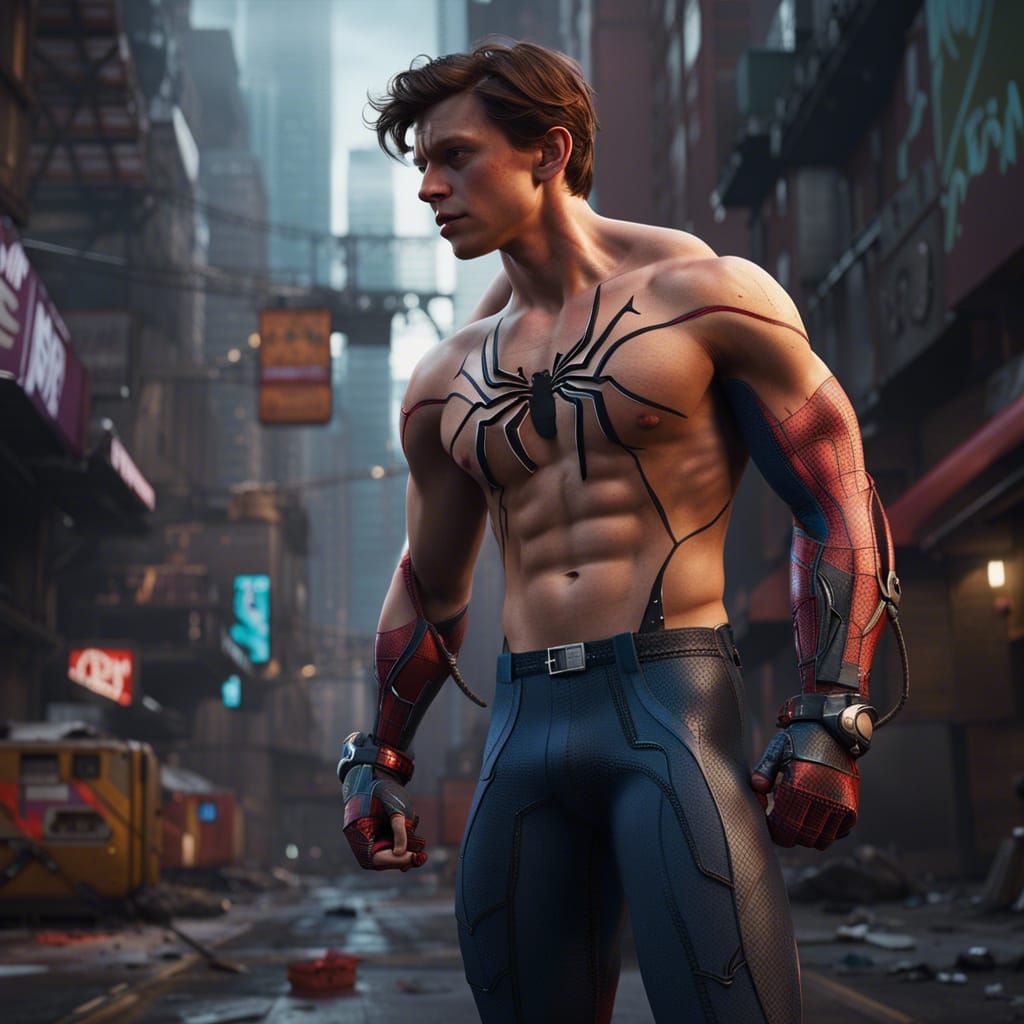 Cyberpunk Spider-Man: Muscular Hero in Urban Setting
