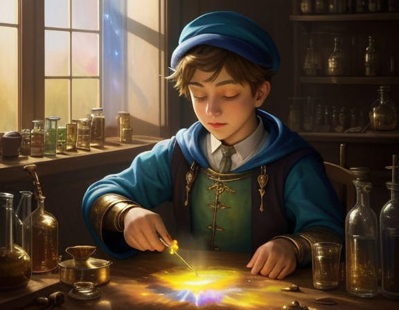 Alchemist Boy Making Potions in Golden Hour Glow