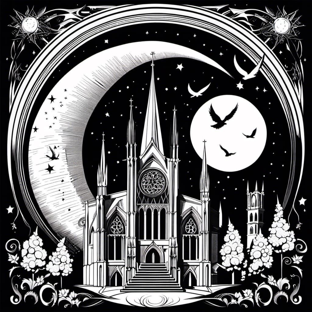 Gothic Cathedral in Gloomy City: Monochrome Illustration