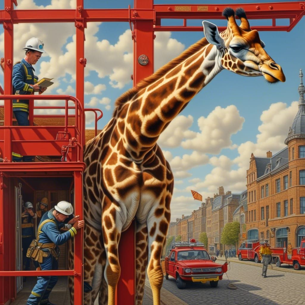 Giraffe working as a ladder at a fire station