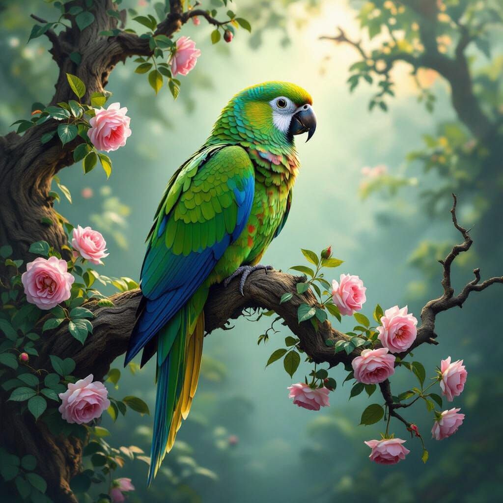 Emerald and Sapphire Parrot on Ancient Branch with Roses