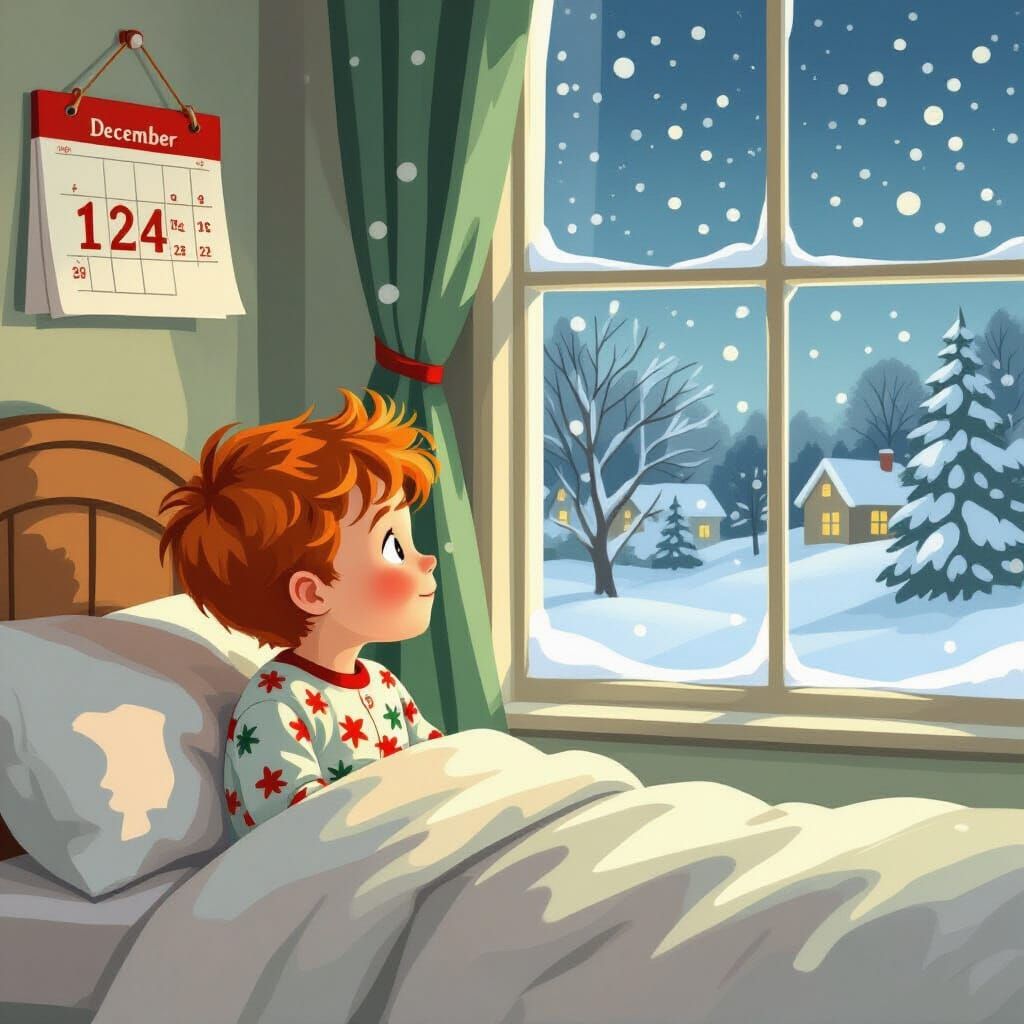 Boy Wakes on Christmas Eve in Snowy Storybook Scene