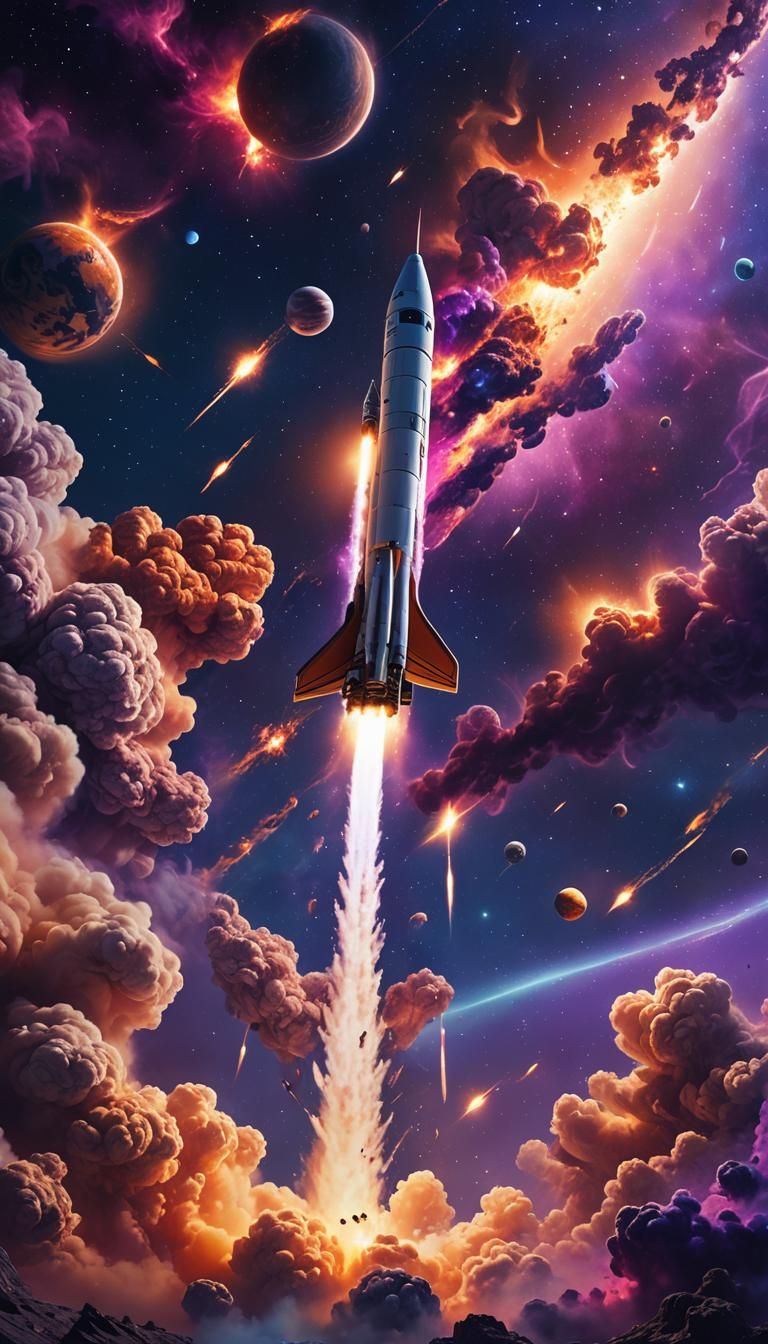 Sleek Rocket Soaring Through Nebula in Space