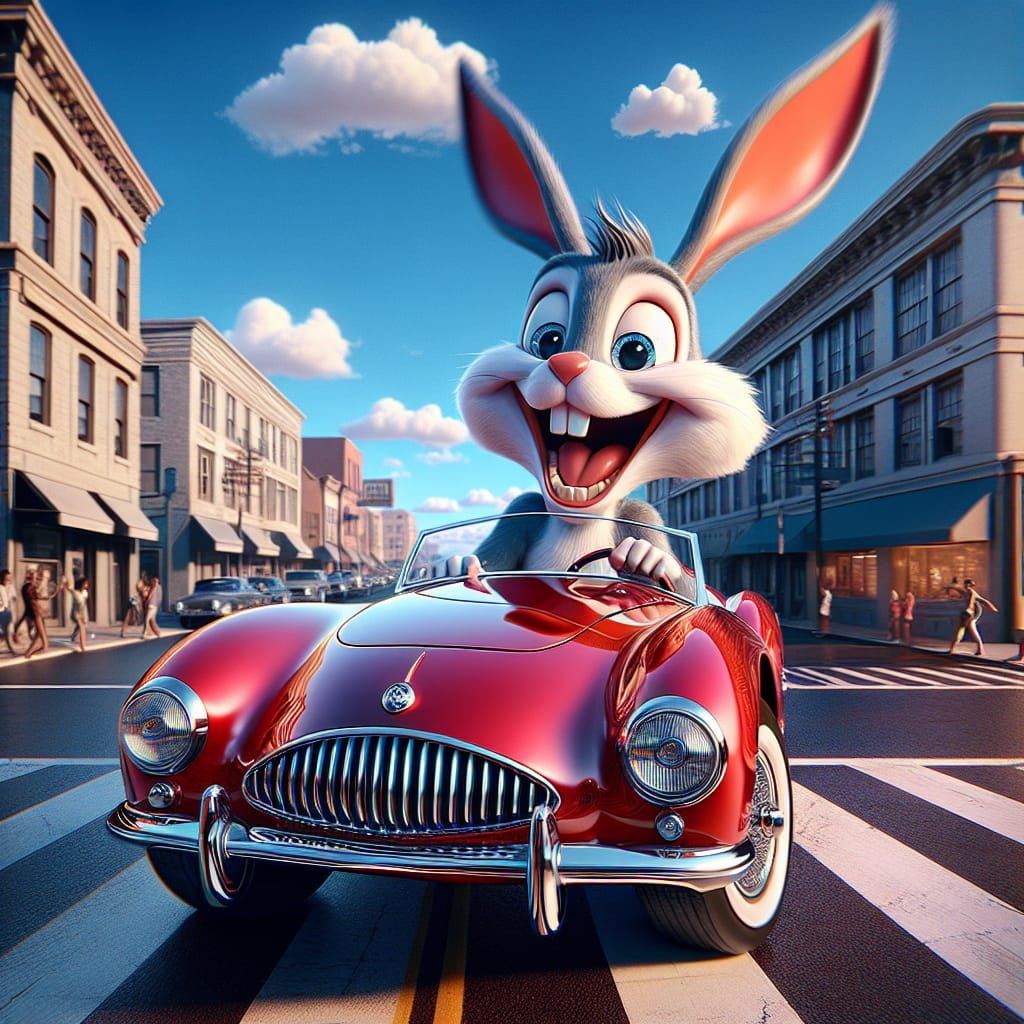 Animated Rabbit Drives Vintage Car Through City