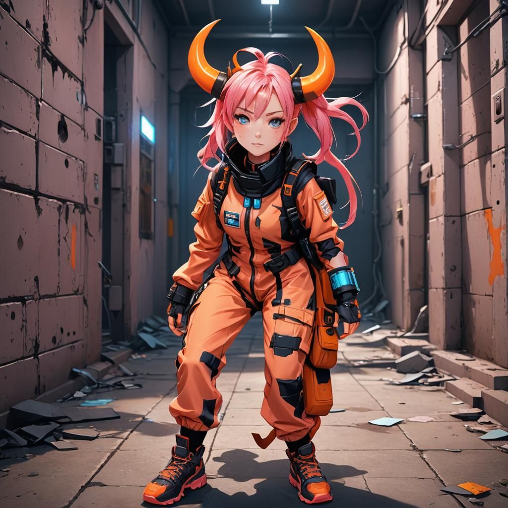 Anime Demon Girl Inmate in Futuristic Jumpsuit