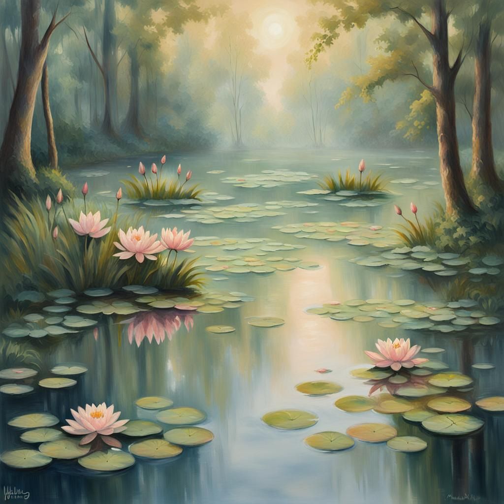 Ethereal Water Lilies in a Dreamy Landscape
