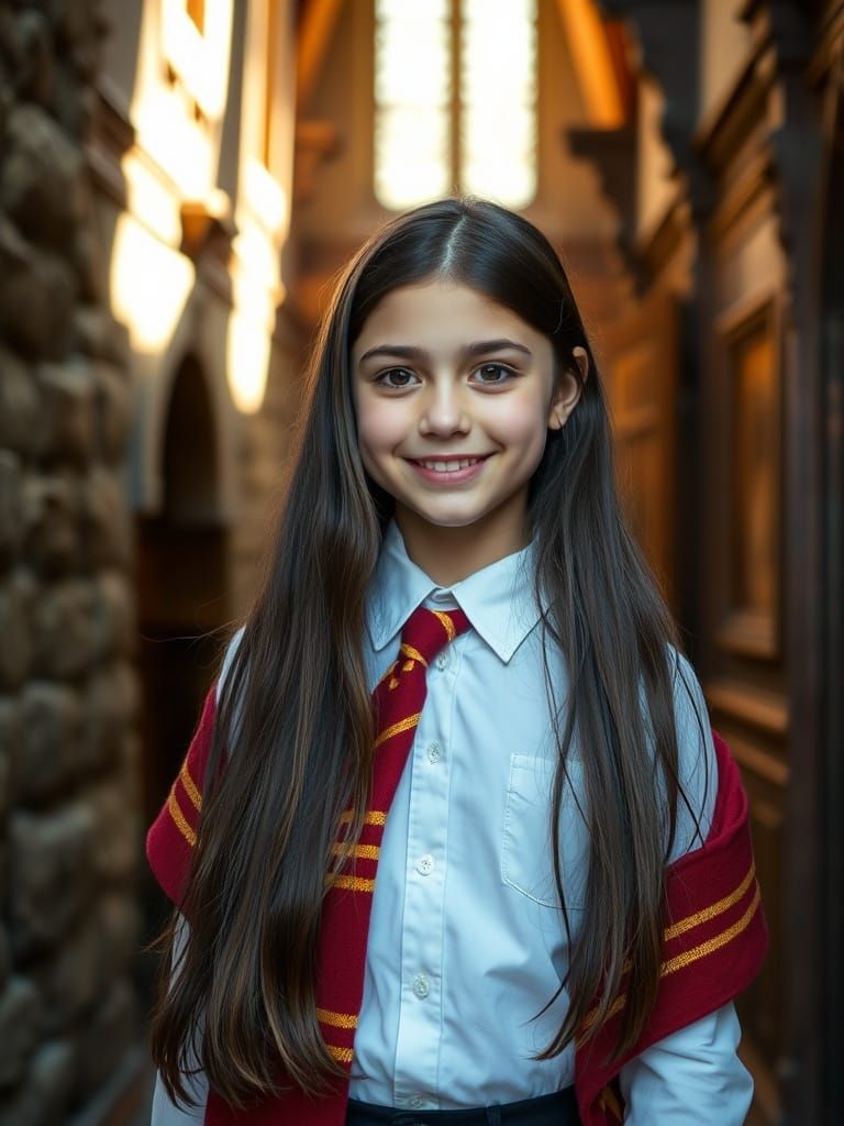 Gryffindor Girl in Sunlit Castle Corridor
