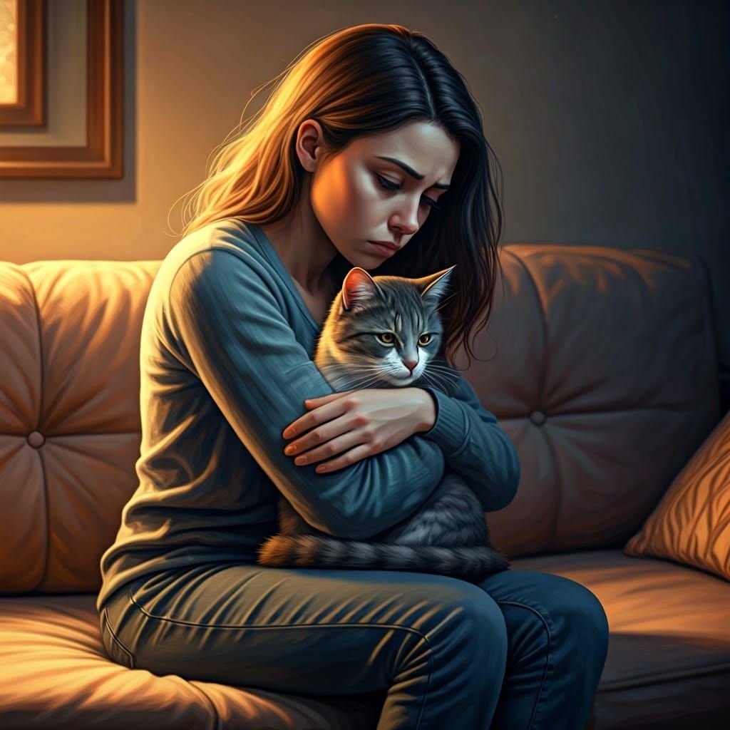 Woman Comforted by Cat: Hyperrealistic Concept Art