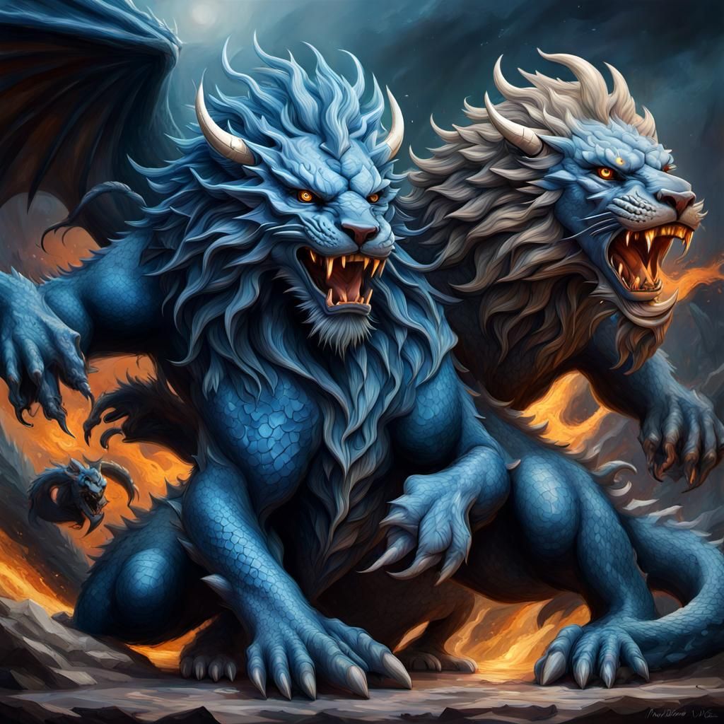 Dark Druid Blue Dragon Fighting Lions in Splash Art