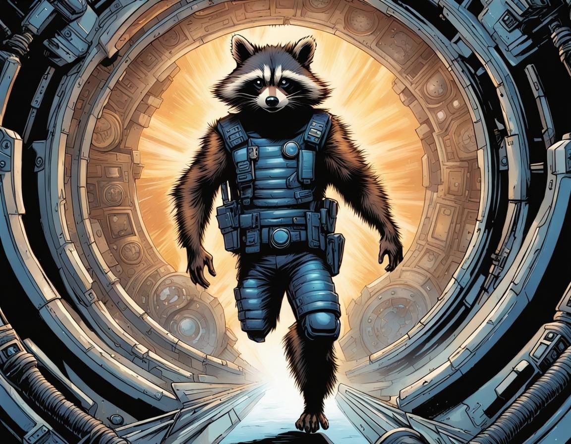 Rocket Racoon Emerges from Stargate: Comic Book Art