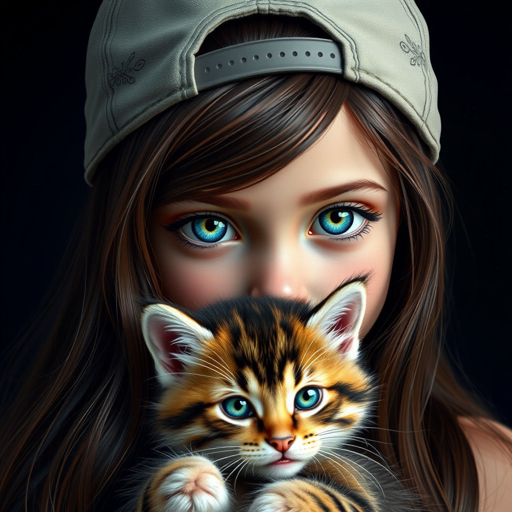 Girl with Kitten Portrait in Splash Art Style
