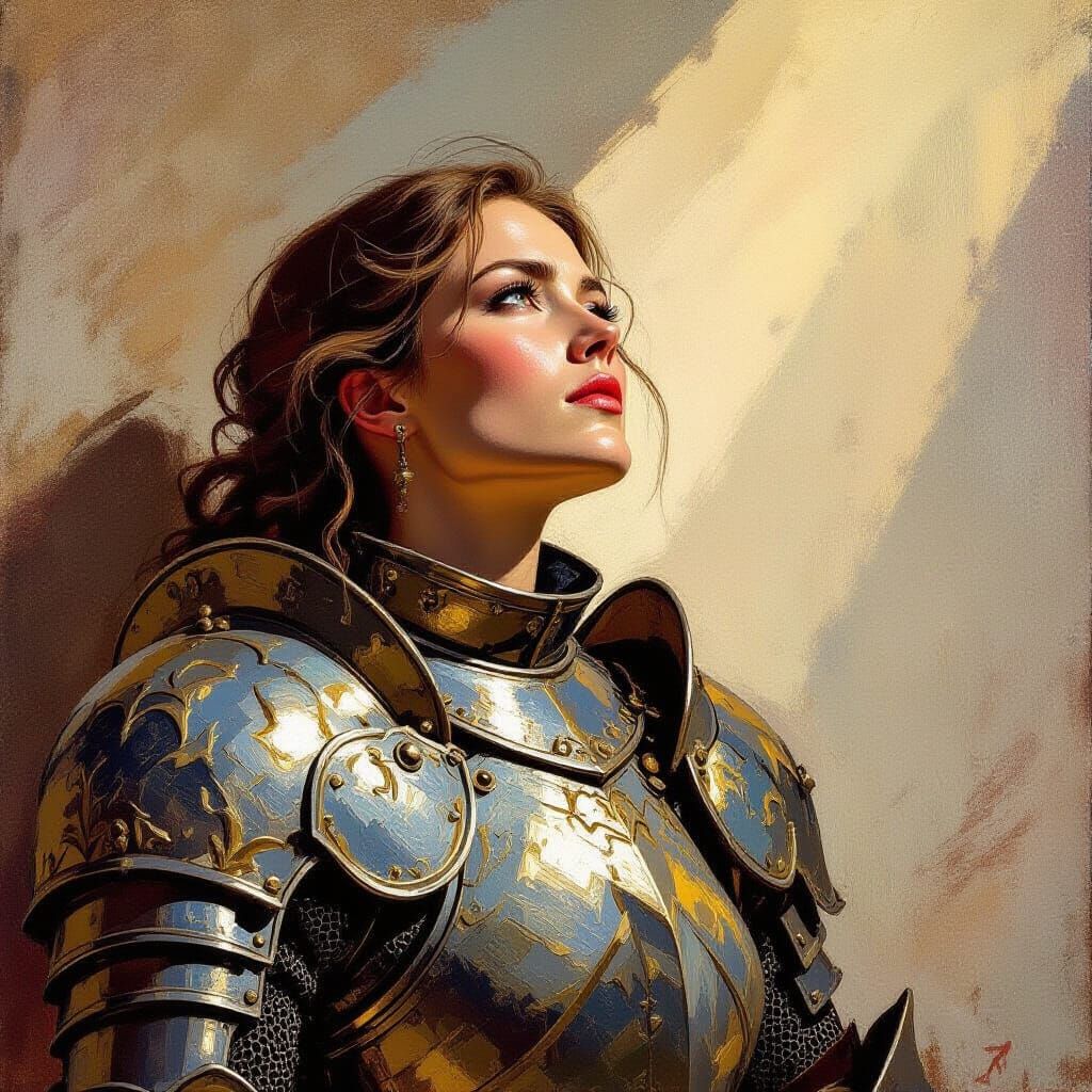 Knight Woman in Spotlight, Impasto Oil Style