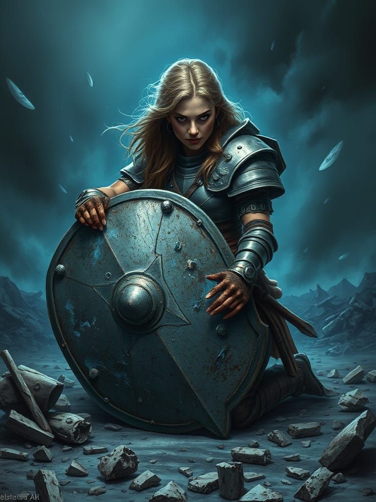Epic Fantasy Warrior in Shattered Armor, Blue Lighting
