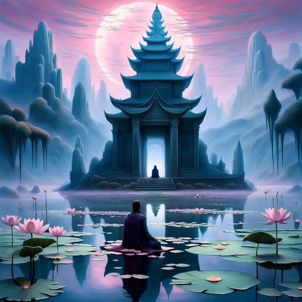 Ancient Temple Above Tranquil Lake: Beksiński-Style Matte Pa...