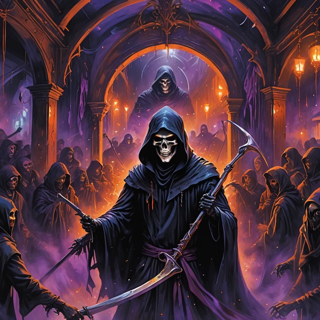 Grim Reaper's Nightclub Debut: A Dark Fantasy Painting