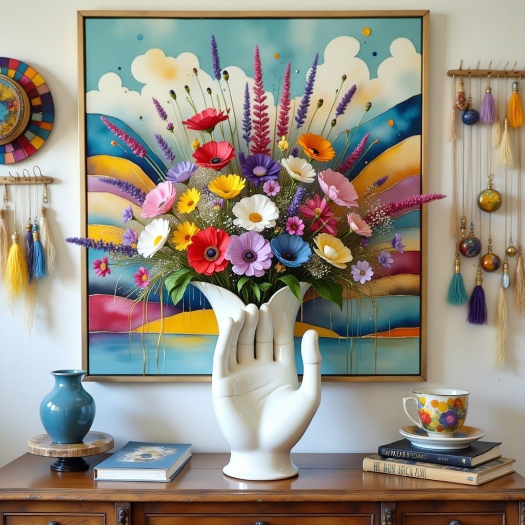 Woman with Floral Vase in Eclectic Style