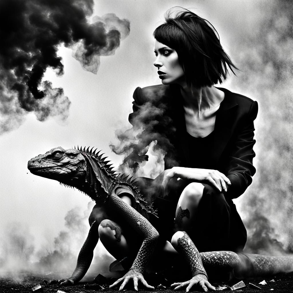 Giant Lizard in Apocalyptic Black and White Photo