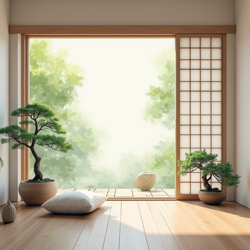 Zen Living Room with Bonsai, Gouache Watercolor Style