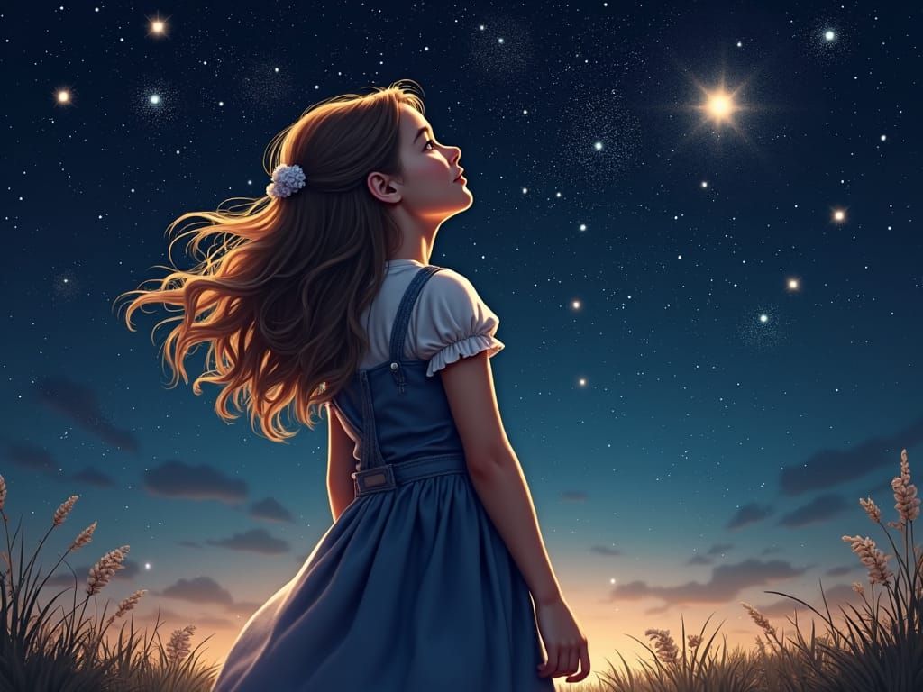 Young Woman Watches Stars in Photorealistic Style