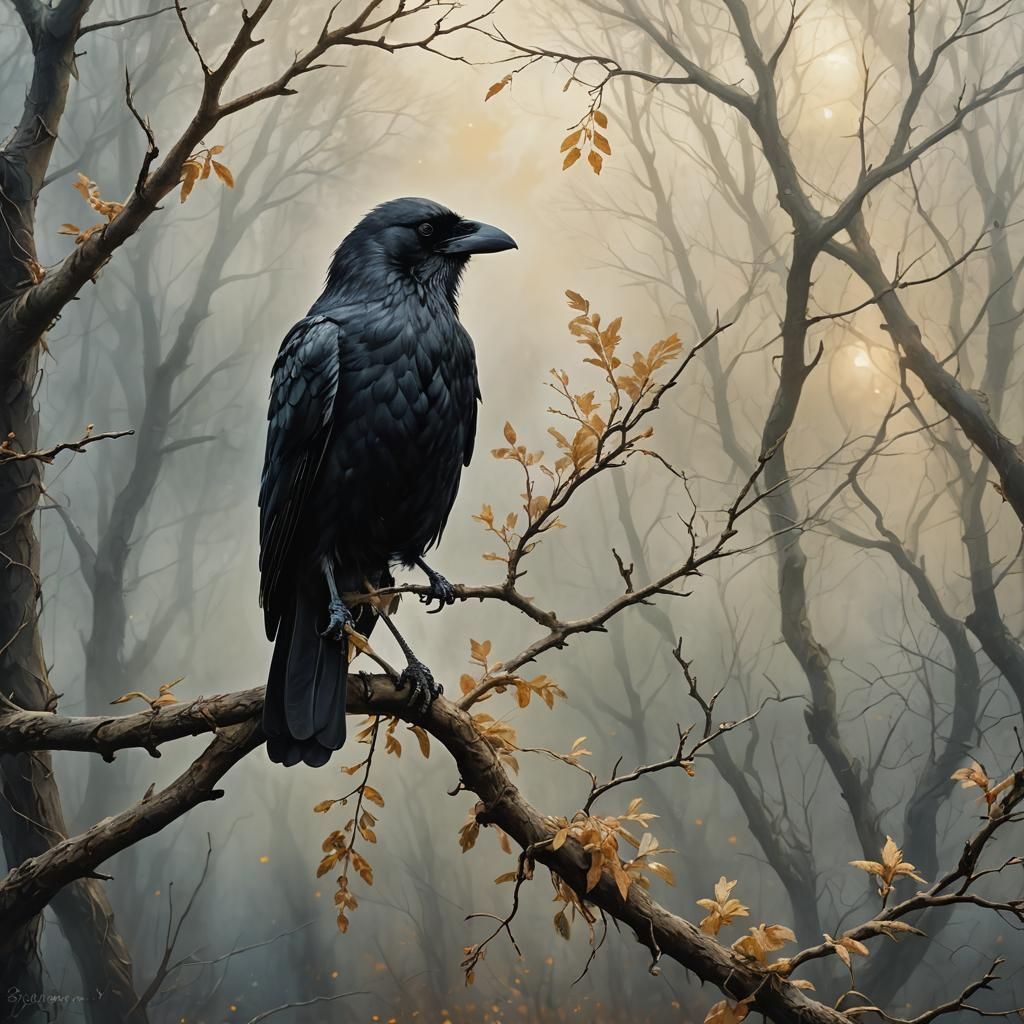 Lone Crow's Sorrowful Caw in Ethereal Oil Painting Style