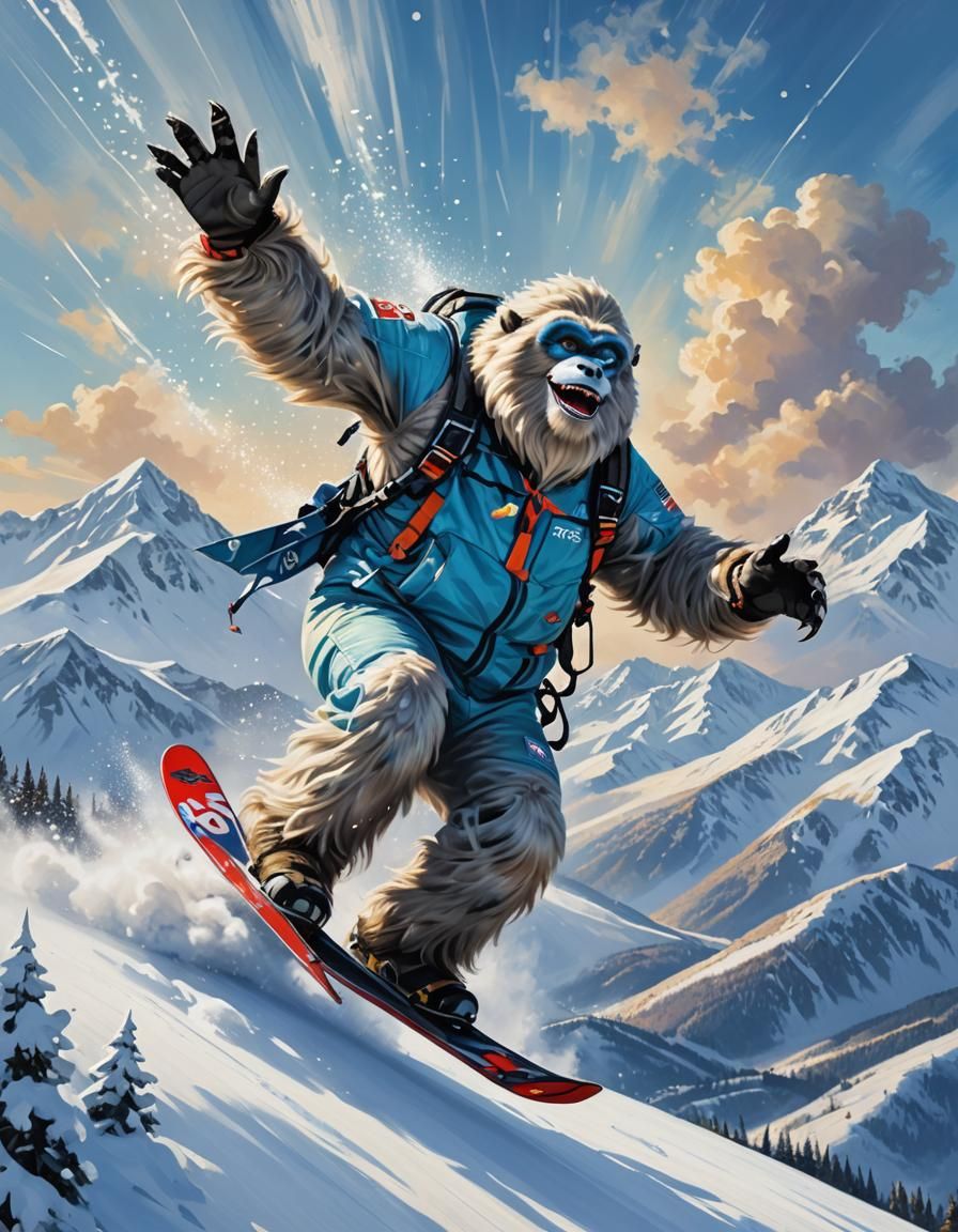 Yeti Soaring Through Snowy Mountains in Ski Gear
