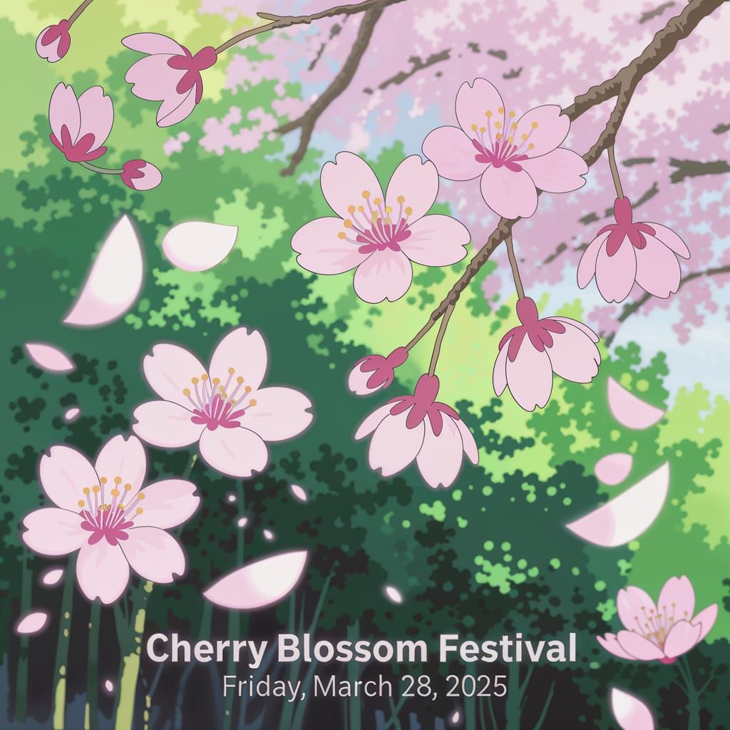 Vibrant Cherry Blossom Festival Anime Scene in Pastel Pink a...