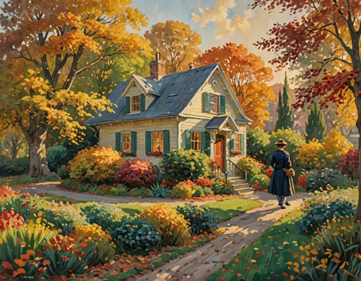 Charming House in Autumn Garden: Impressionist Oil Painting