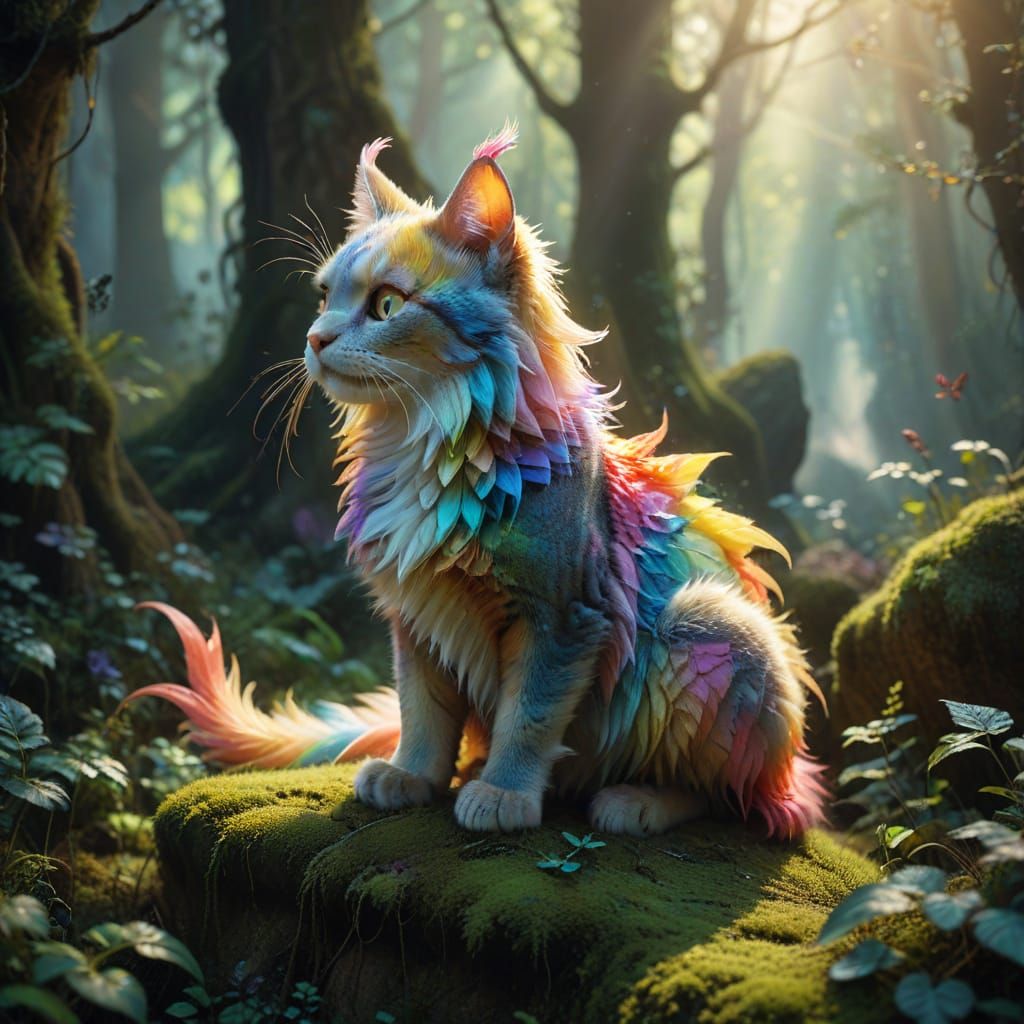 Whimsical Rainbow Cat-Dragon in Secret Forest