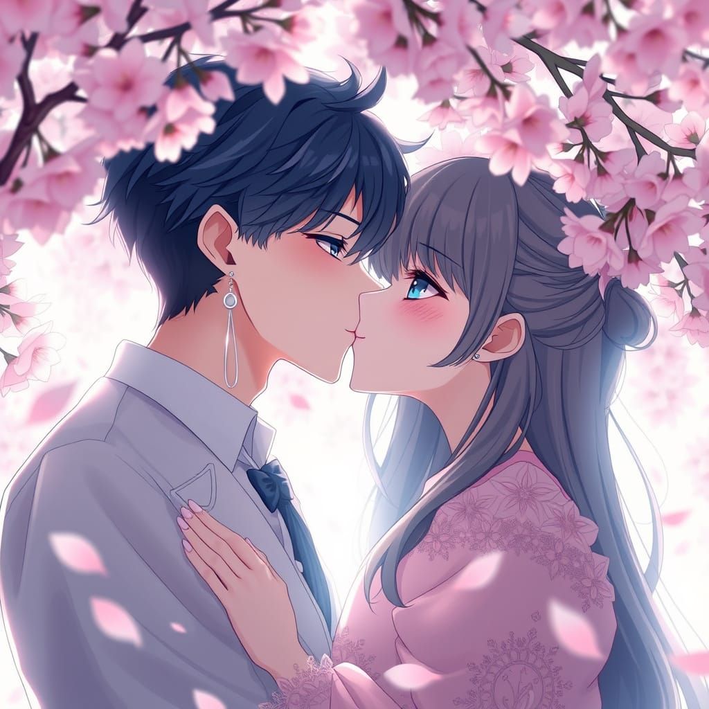 Anime Lovers Share Tender Kiss Under Cherry Blossoms