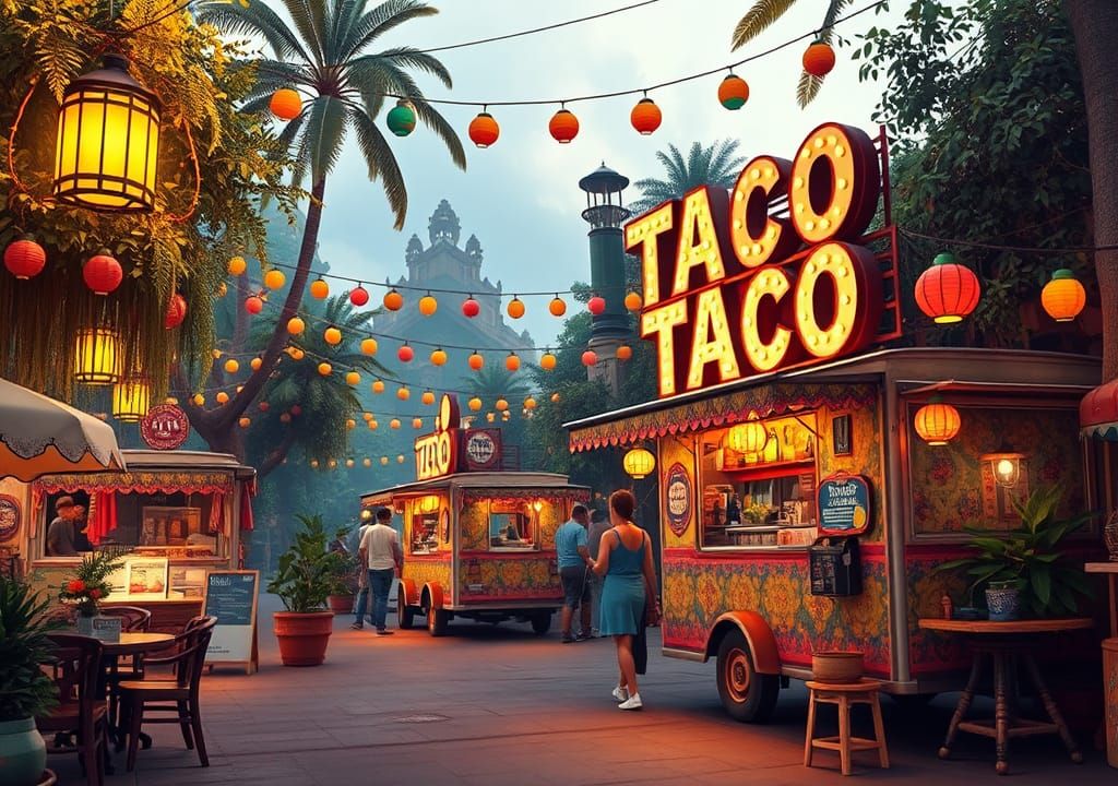 Exotic Food Trucks at International Market: Digital Illustra...