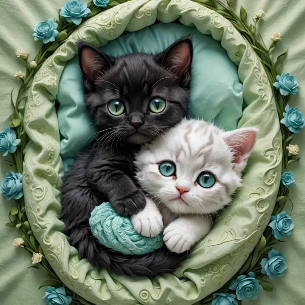 Kittens cuddle together.