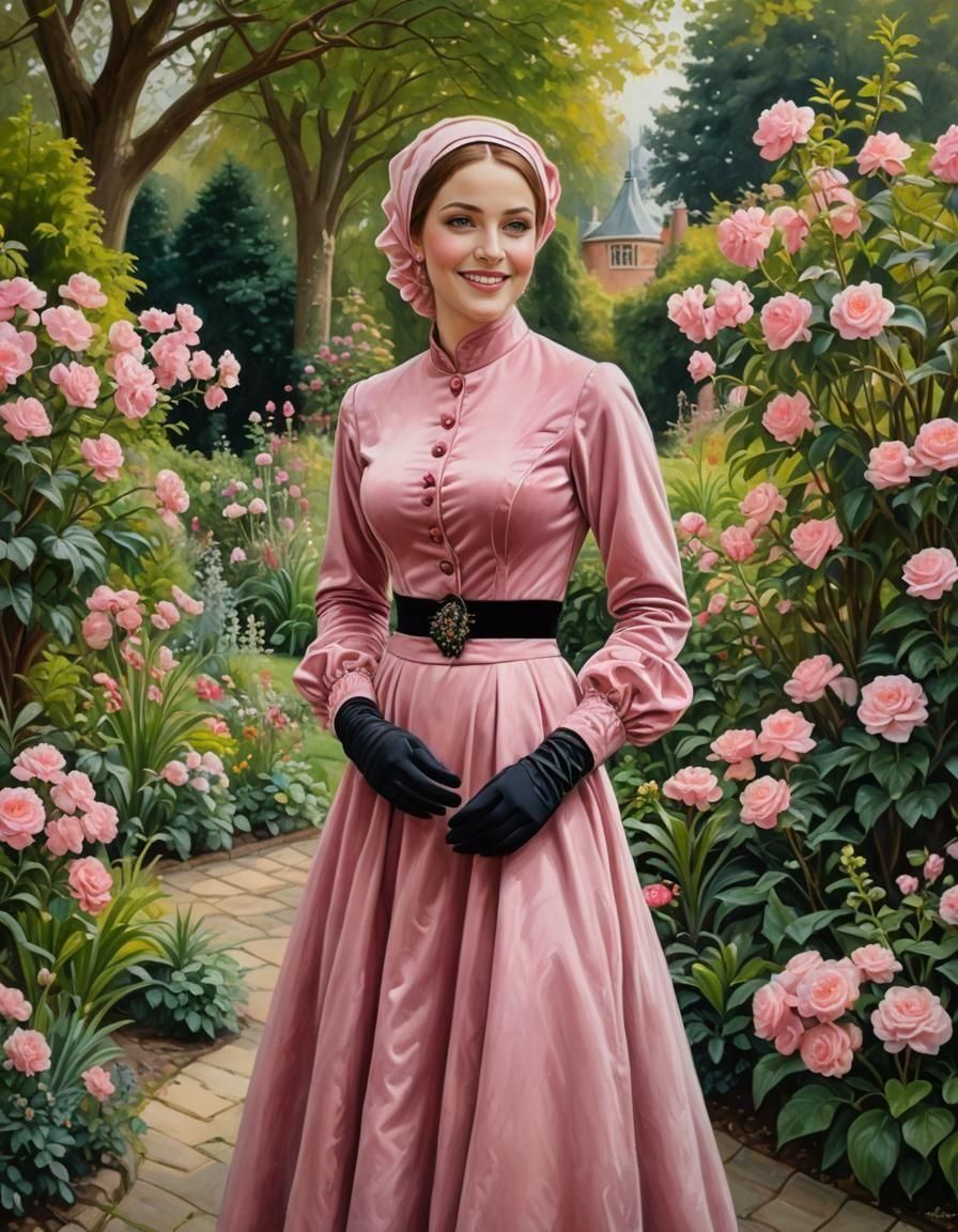 Victorian Woman in Garden: Detailed Oil Painting