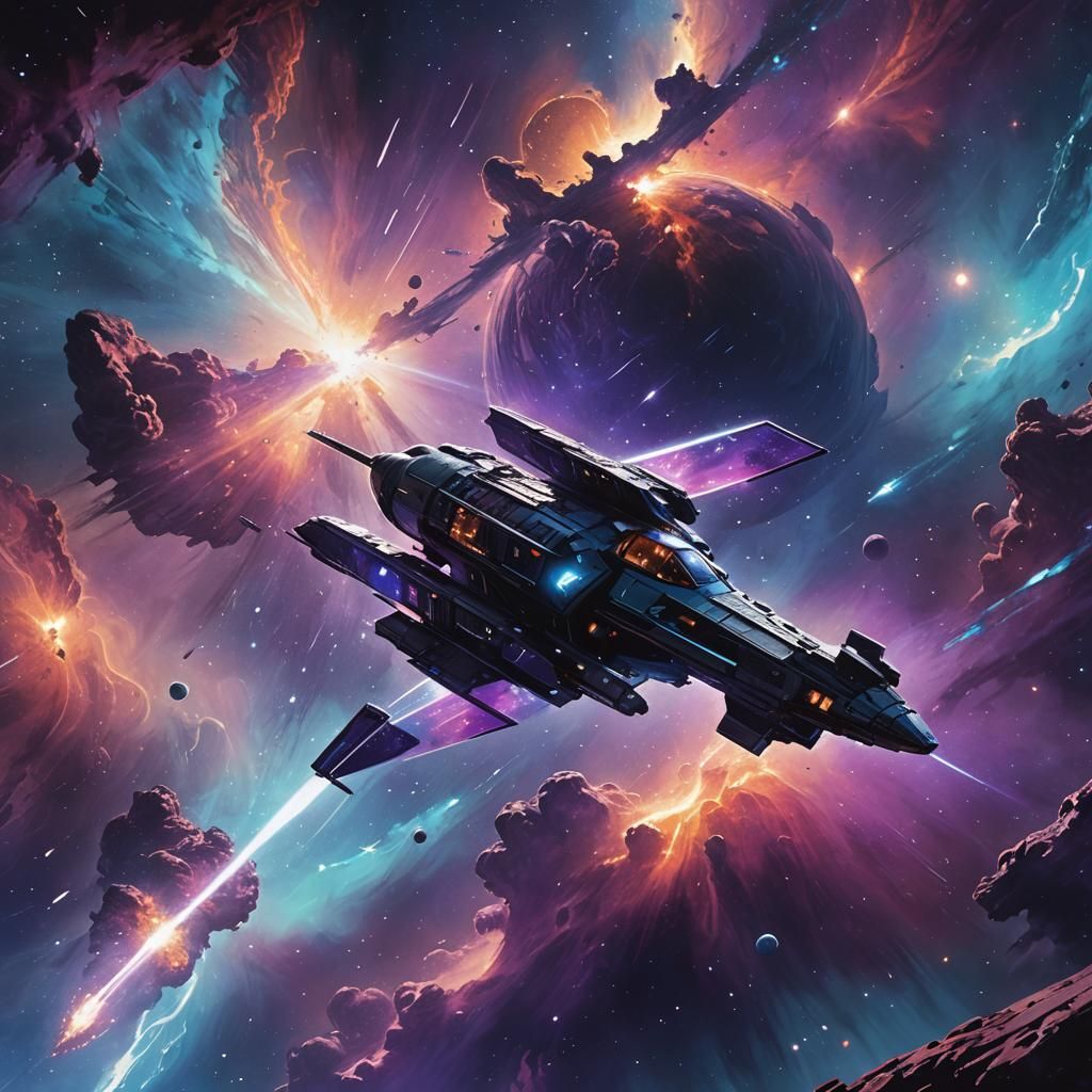 Spaceship Drifting Through Nebula in Sci-Fi Style