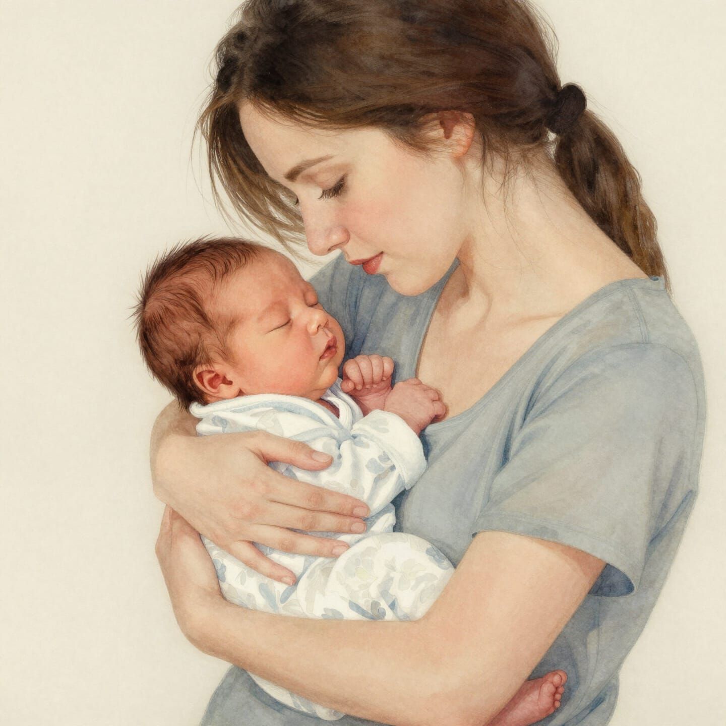 Mother Embraces Sleeping Newborn in Art Nouveau Watercolor S...