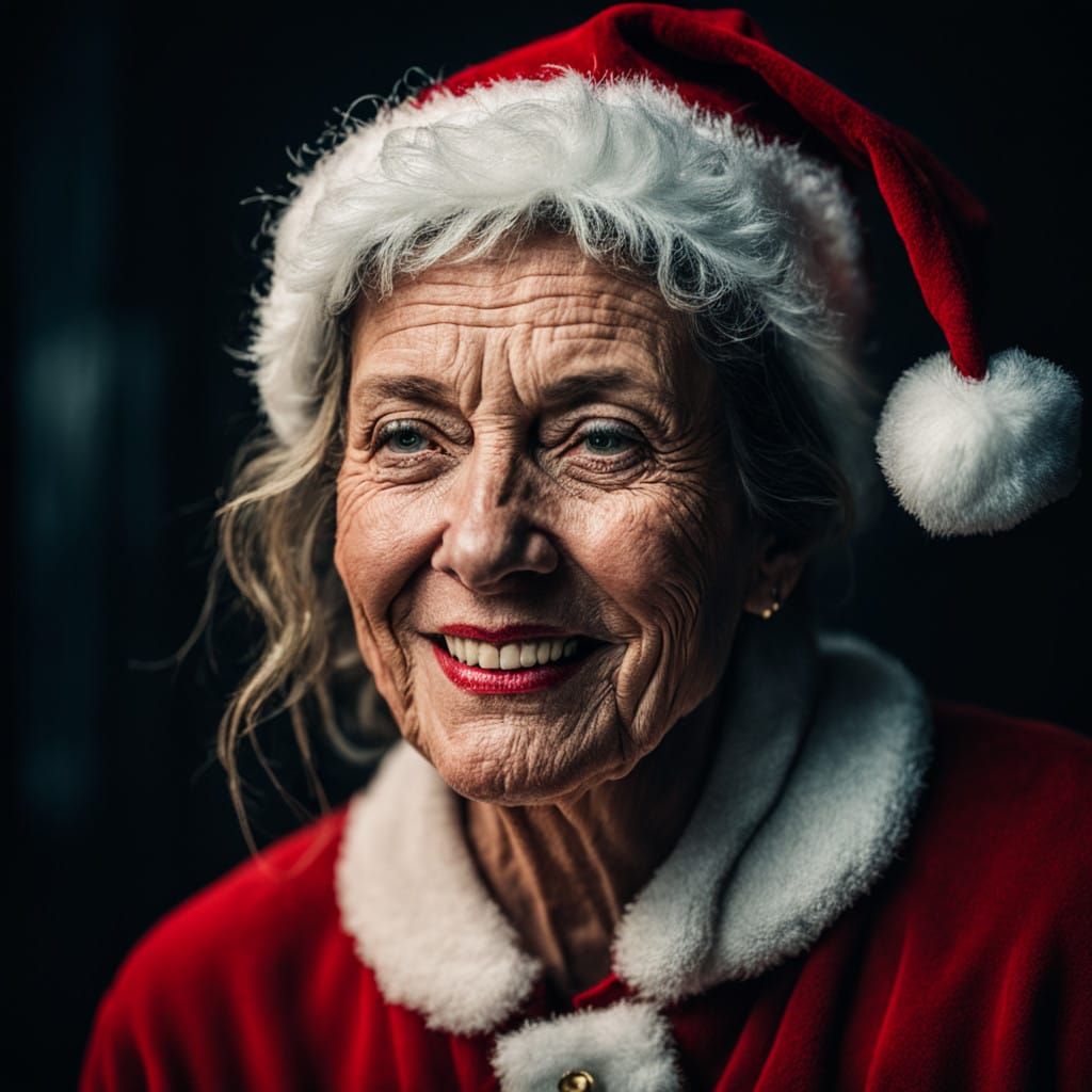 Joyful Middle Aged Woman Poses in Santa Claus Attire Close-U...