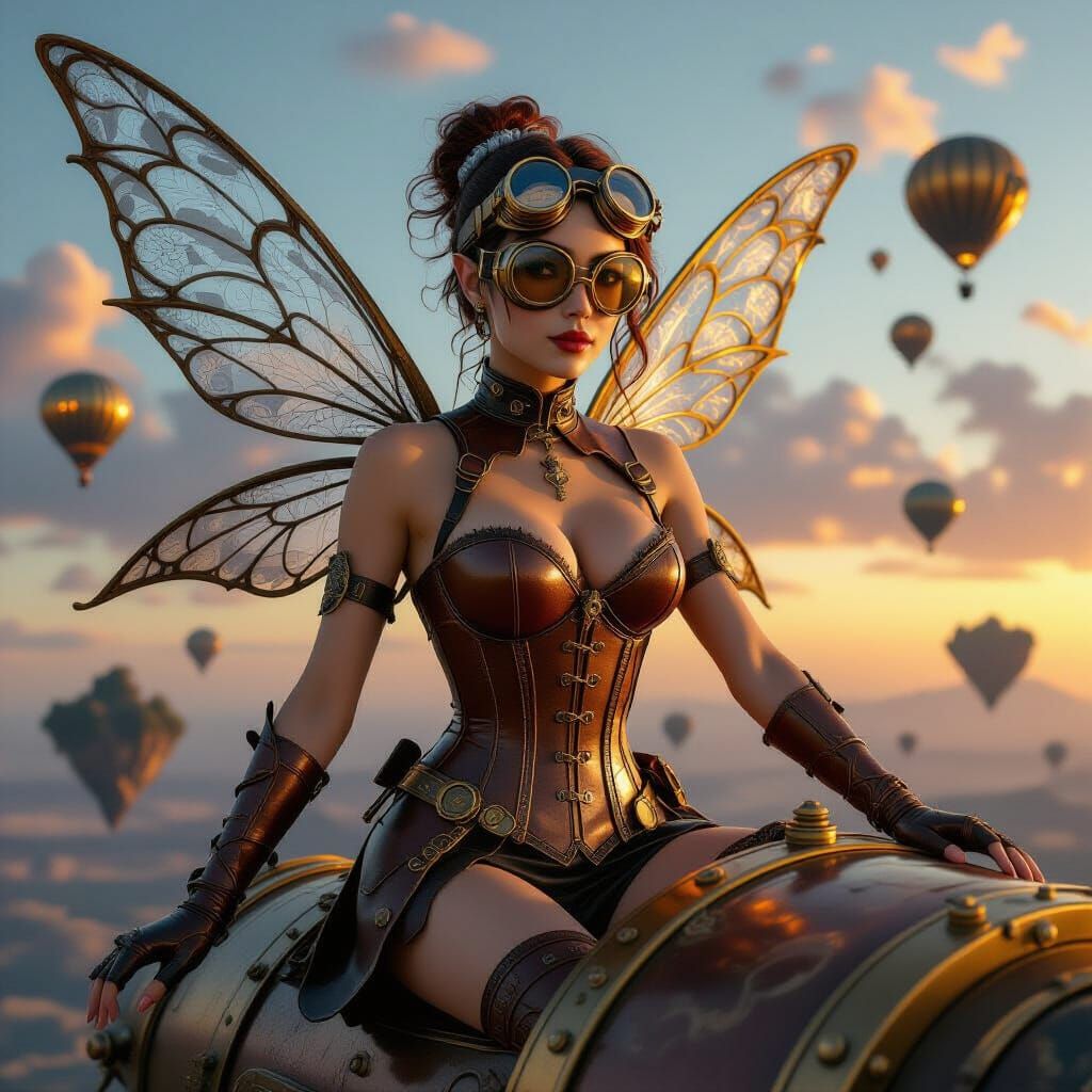 Steampunk Fairy on Airship at Burning Horizon