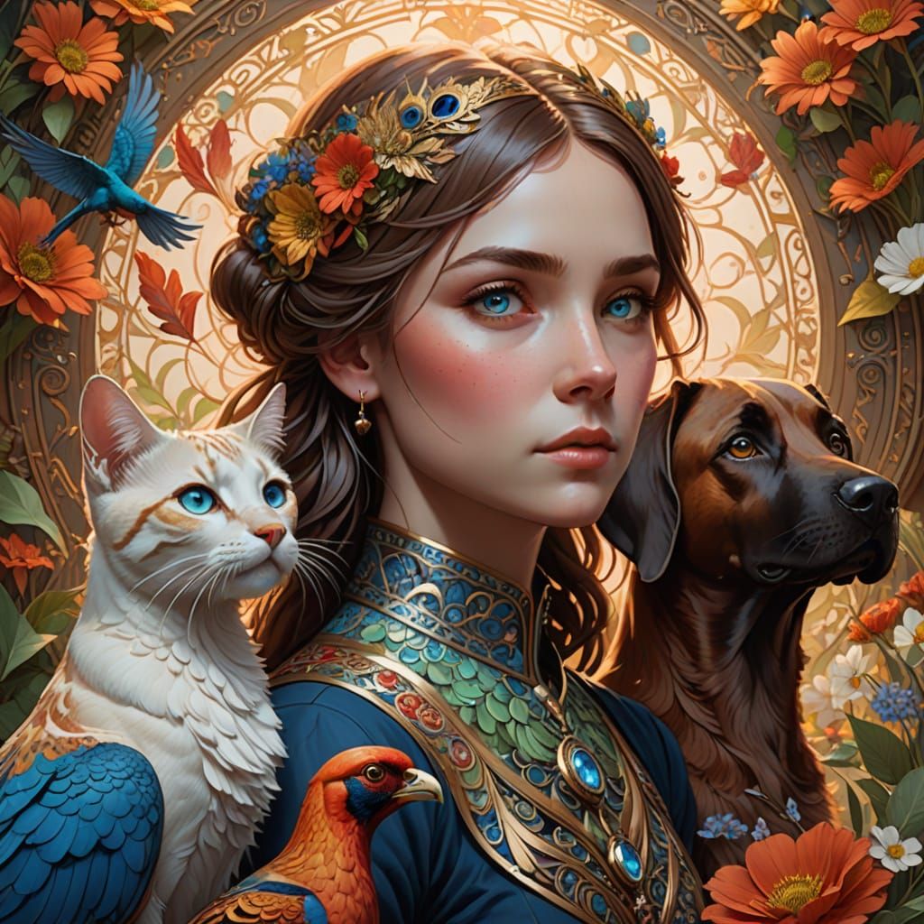 Playful Pets in Whimsical Garden, in Greg Rutkowski Style