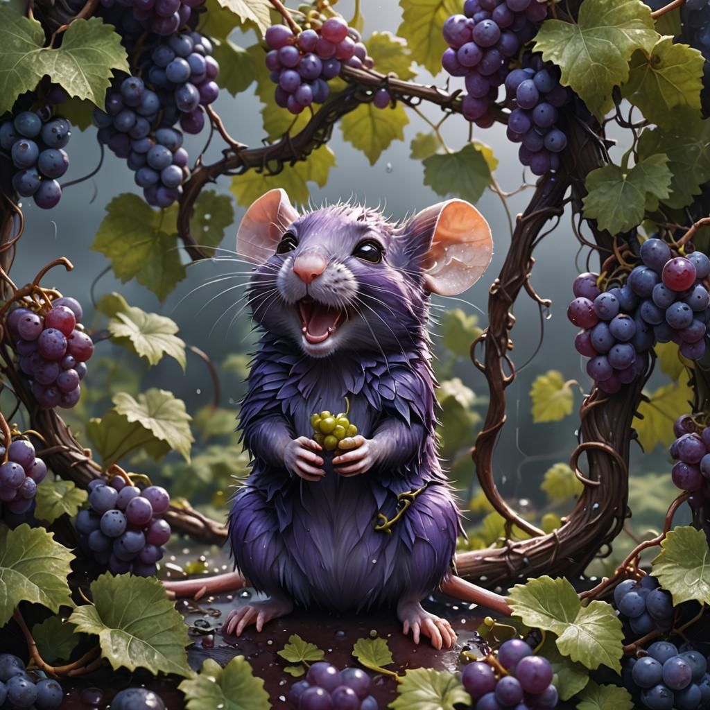 Cute Mouse in Grape Vines, Detailed Matte Painting