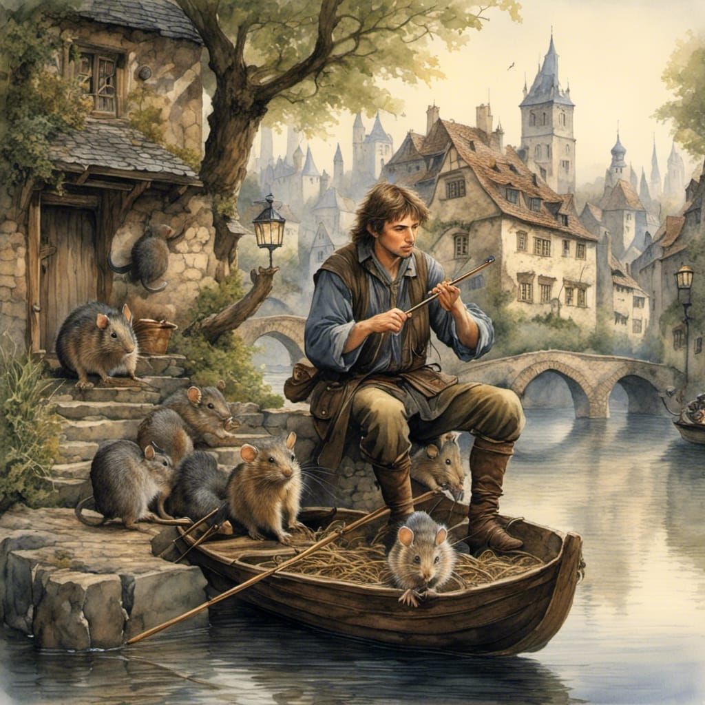 The young flute player plays a simple pipe and rats followin...